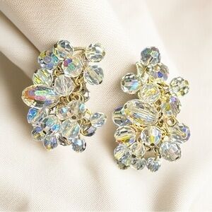 Vintage Alice Caviness AB crystals Cluster Earrings with Gold-Toned Setting